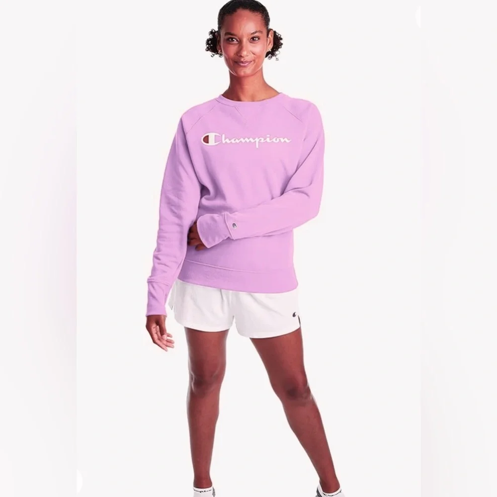 Champion Powerblend Fleece Sweater Relaxed Crew Screen Print Paper Orchid Size M